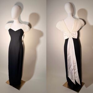 SOLD Vintage 1980s Black and White Satin Crepe Bow  Maxi Gown (Jordan Fashions)